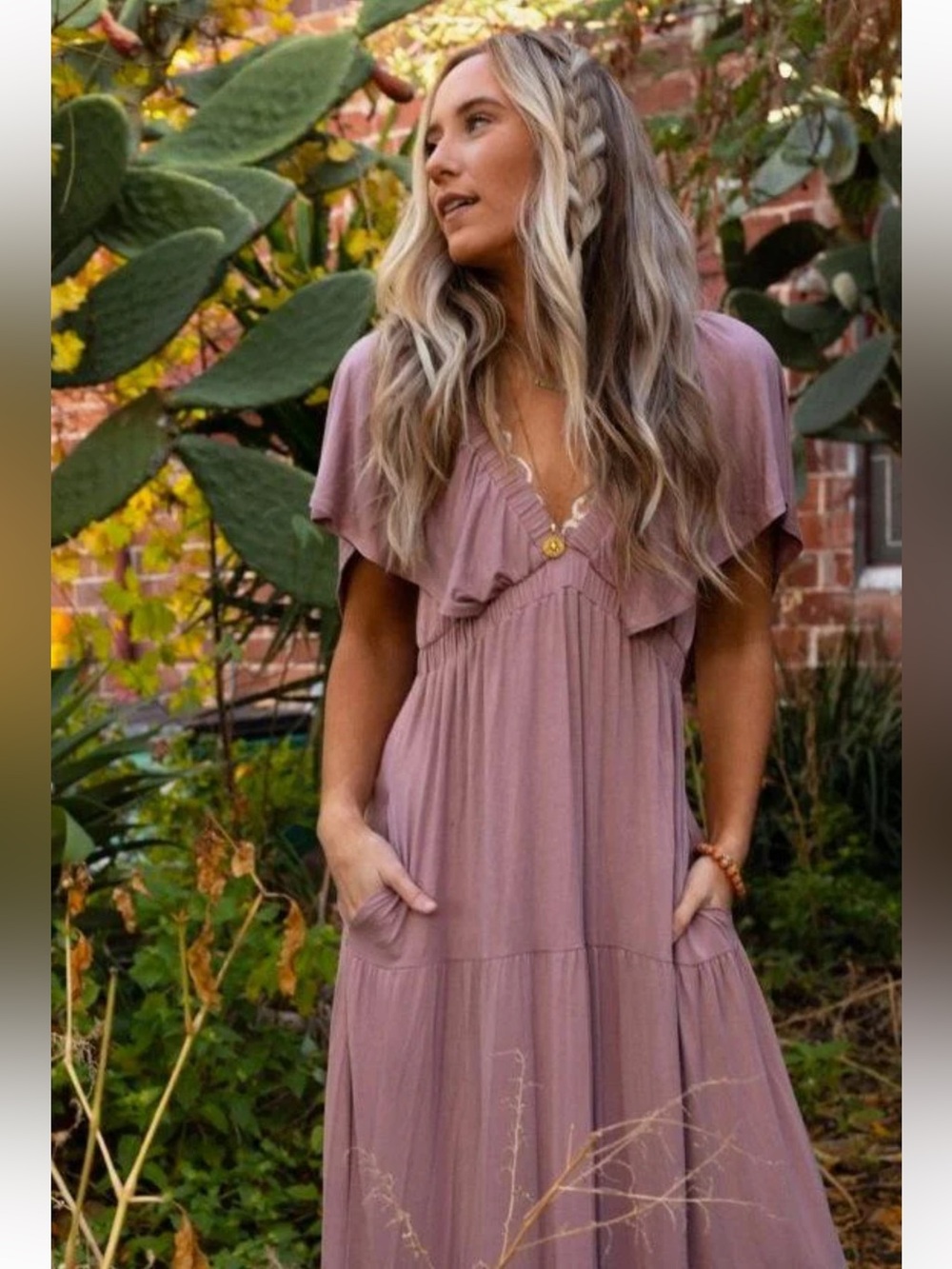 New: Three Bird Nest Mauve “On Repeat” Ruffle Neckline Tiered Maxi Dress• Smal - Picture 5 of 7